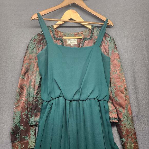 Womens Victorian Style Dress Jacket Set 10 Green Brown Brocade Pleated Oriental - Picture 8 of 16